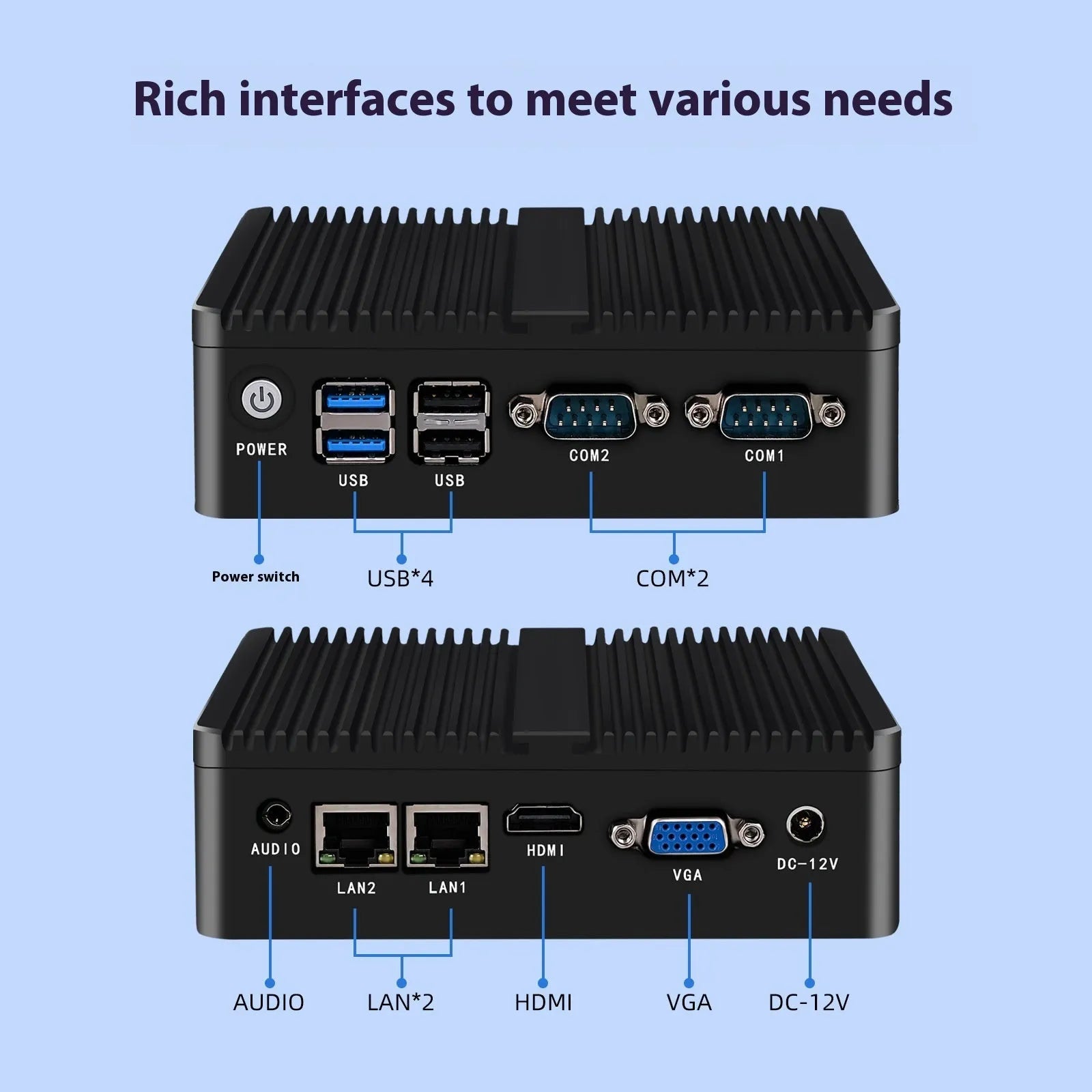 Industrial fanless microcomputer with dual network ports and compact aluminium chassis