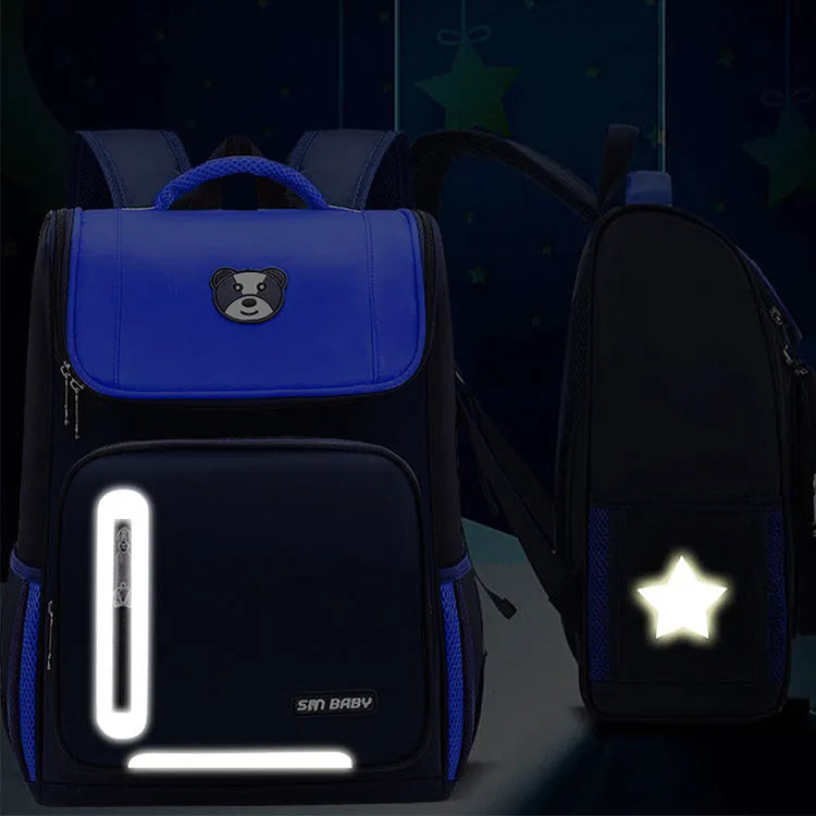 Primary school students backpack for 6-12 year olds, nylon, with multiple pockets, in navy blue, showing front view