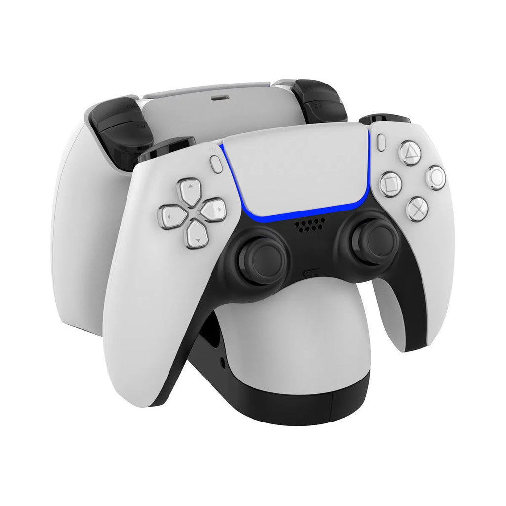 PS5 gamepad charger contact type double seat in black and white with two controllers docked showing charging status