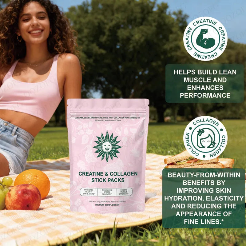 Creatine and collagen stick pack with 20 sticks, 7.8g each, showing powder with raspberry-lemon flavour and soft pink colour
