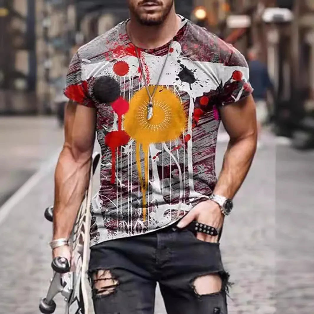 Man wearing a loose-fit camouflage print short-sleeved T-shirt in milk silk fabric.