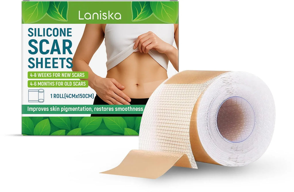 Roll of clear self-adhesive silicone scar sheets measuring 4 cm wide, for scar management.