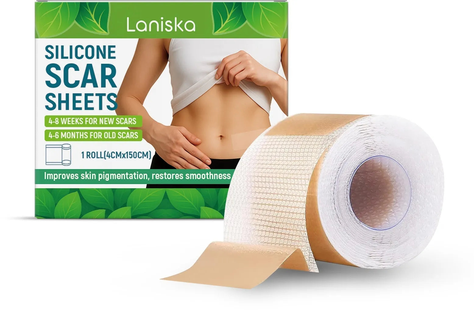 Roll of clear self-adhesive silicone scar sheets measuring 4 cm wide, for scar management.