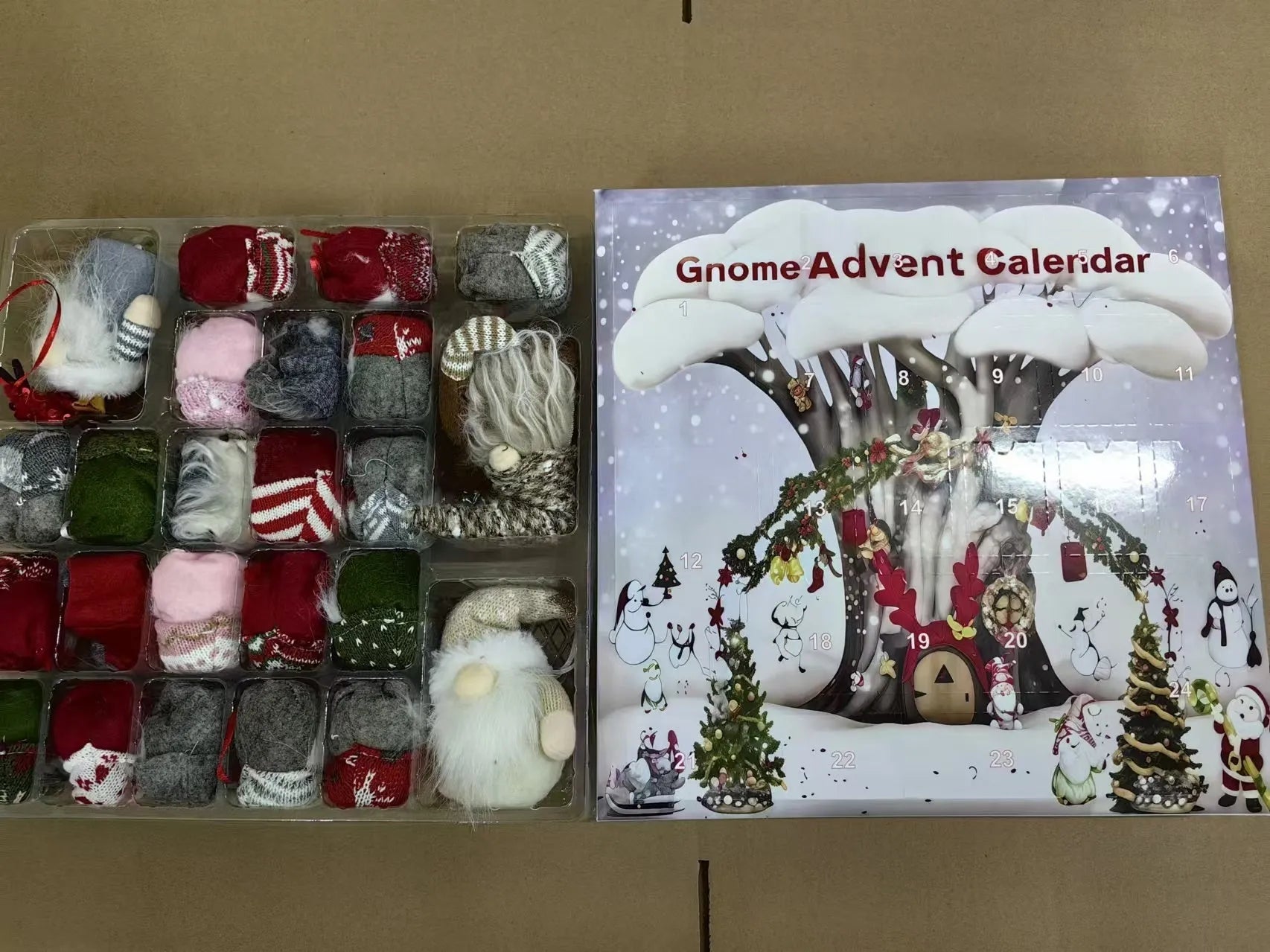 2025 Christmas gnome advent calendar with 24 doors showing plush gnomes in festive colours.