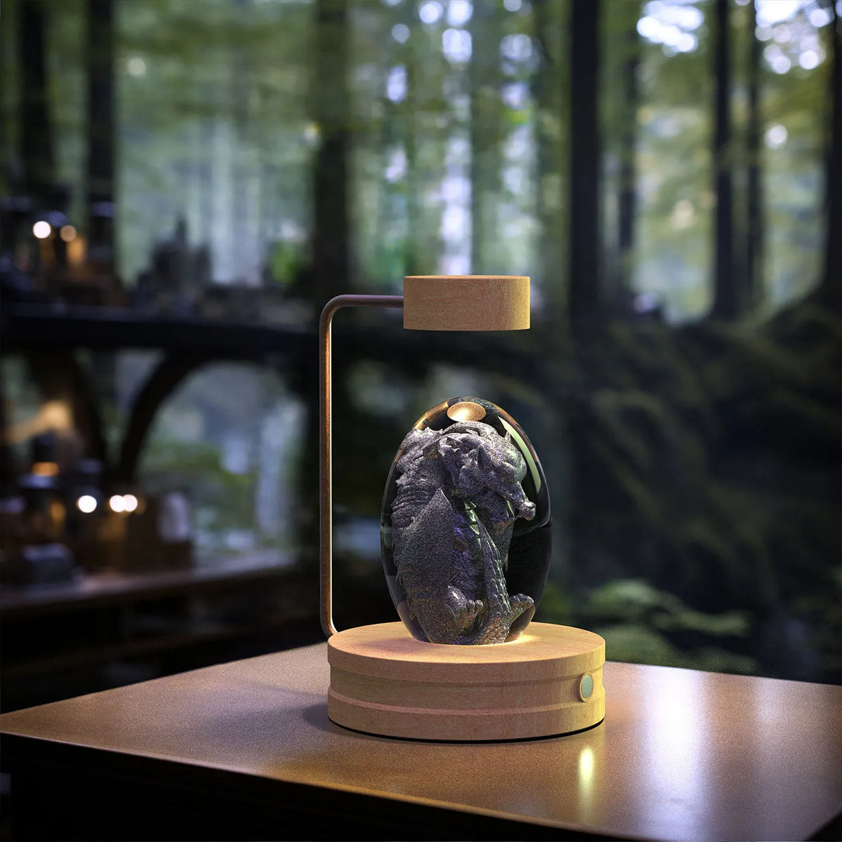 Crystal ball cosmic dinosaur indoor night light with 3D etched pattern, walnut base, and USB power cable