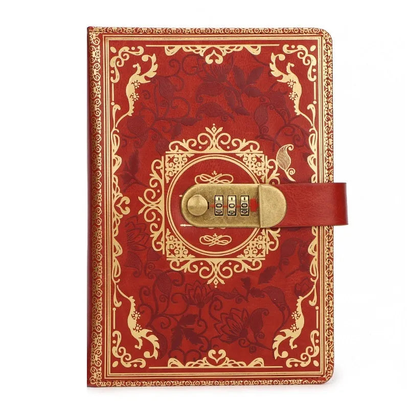 A5 password diary with lock and thickened imitation leather cover in blue, purple, grey, brown, green, or wine red