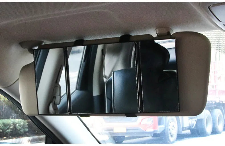 Silver car visor folding makeup mirror shown closed and open, with ABS plastic frame.