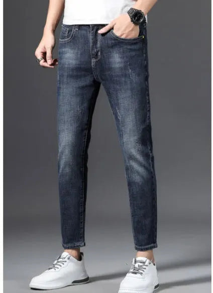 Nine Cent stretch and trim men's jeans straight leg Korean style cotton trousers in blue with washed grinding white finish