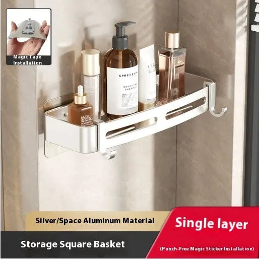 Gun grey triangle-shaped bathroom shelf with adhesive wall mount and optional towel rod.