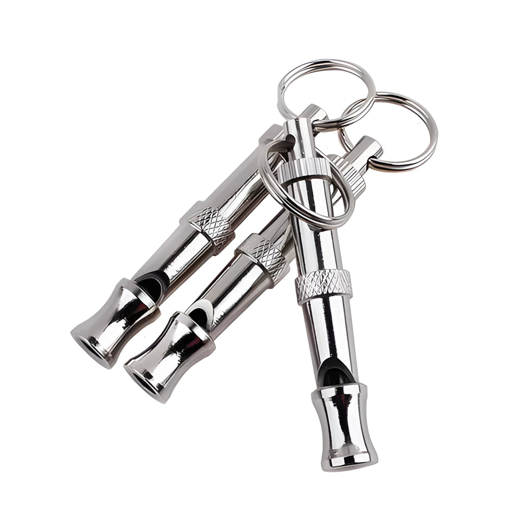 Silver ultrasonic adjustable dog training whistle made from stainless steel on a light background