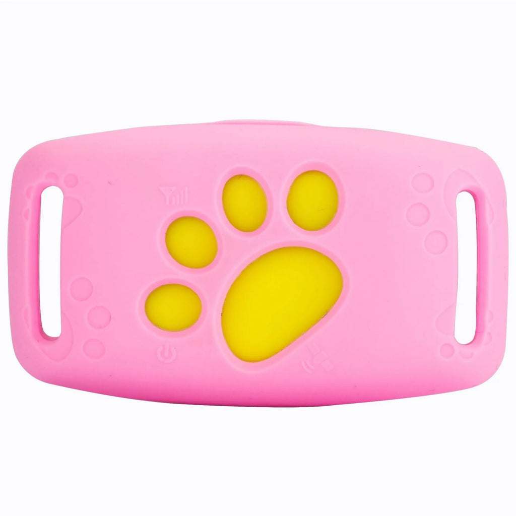 A compact black and yellow waterproof GPS tracker for pets, shown with a dog collar.