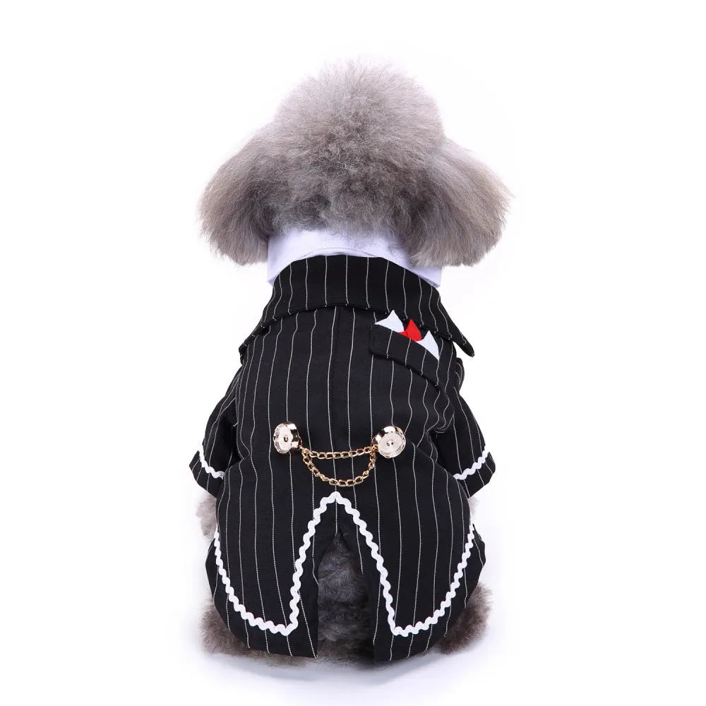 Polyester England style pet dog suit in Black tie, Blue bow tie, Striped dovetail, Striped suit, or White tie, sizes S to XL