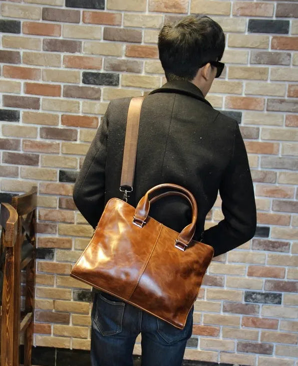 Men's leather-style business bag briefcase box shape zipper closure black coffee colour 38cm wide