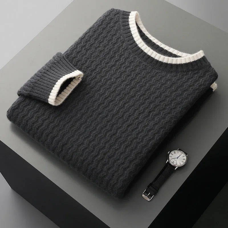 Men's round neck twisted design colour matching wool sweater in loose fit
