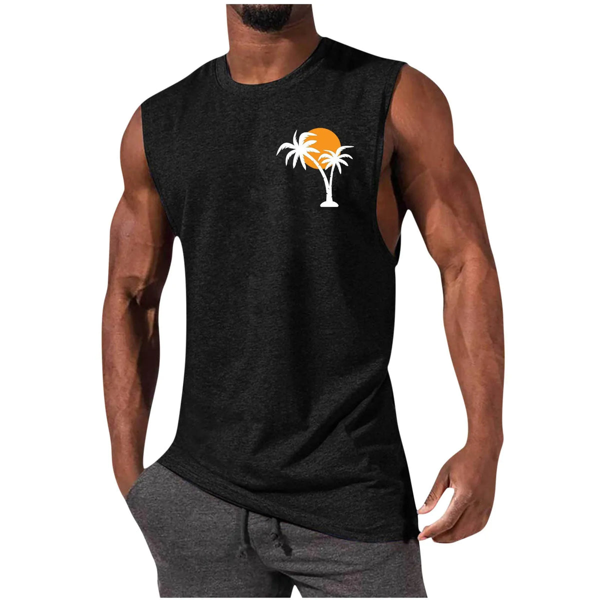 Mens sleeveless T-shirt, loose summer sports vest, polyester milk silk, digital print pattern, straight hem, hip hop style.