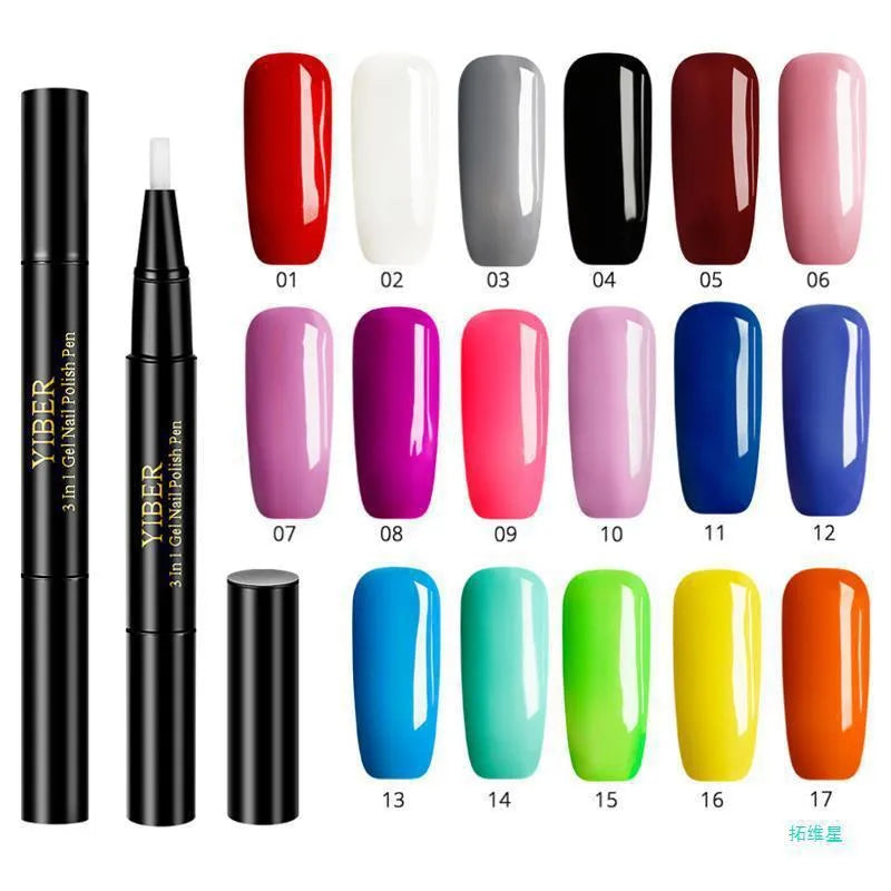 5pcs 3 in 1 one step nail polish pens with long iron pipe handles in multicolour set