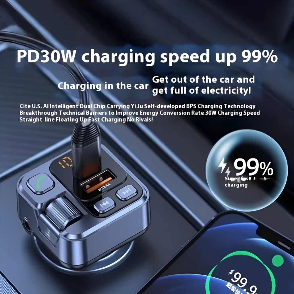 Black Bluetooth car receiver with LED display plugged into a vehicle 12V socket, showing USB-C and USB-A charging ports.