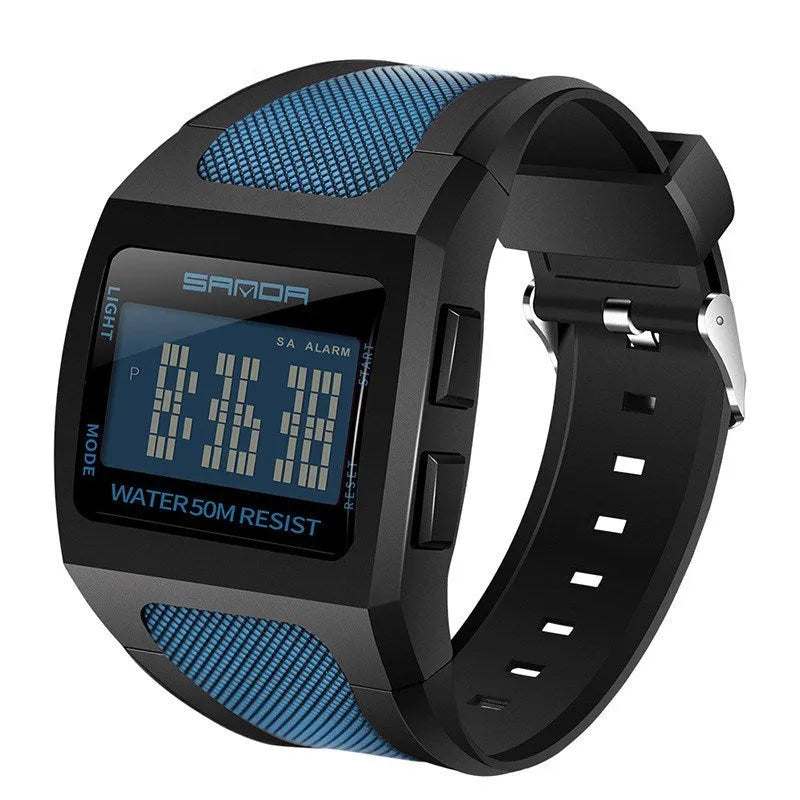 Sanda sports waterproof electronic watch with 37mm digital dial, 13mm case, resin strap, and 50m waterproof rating
