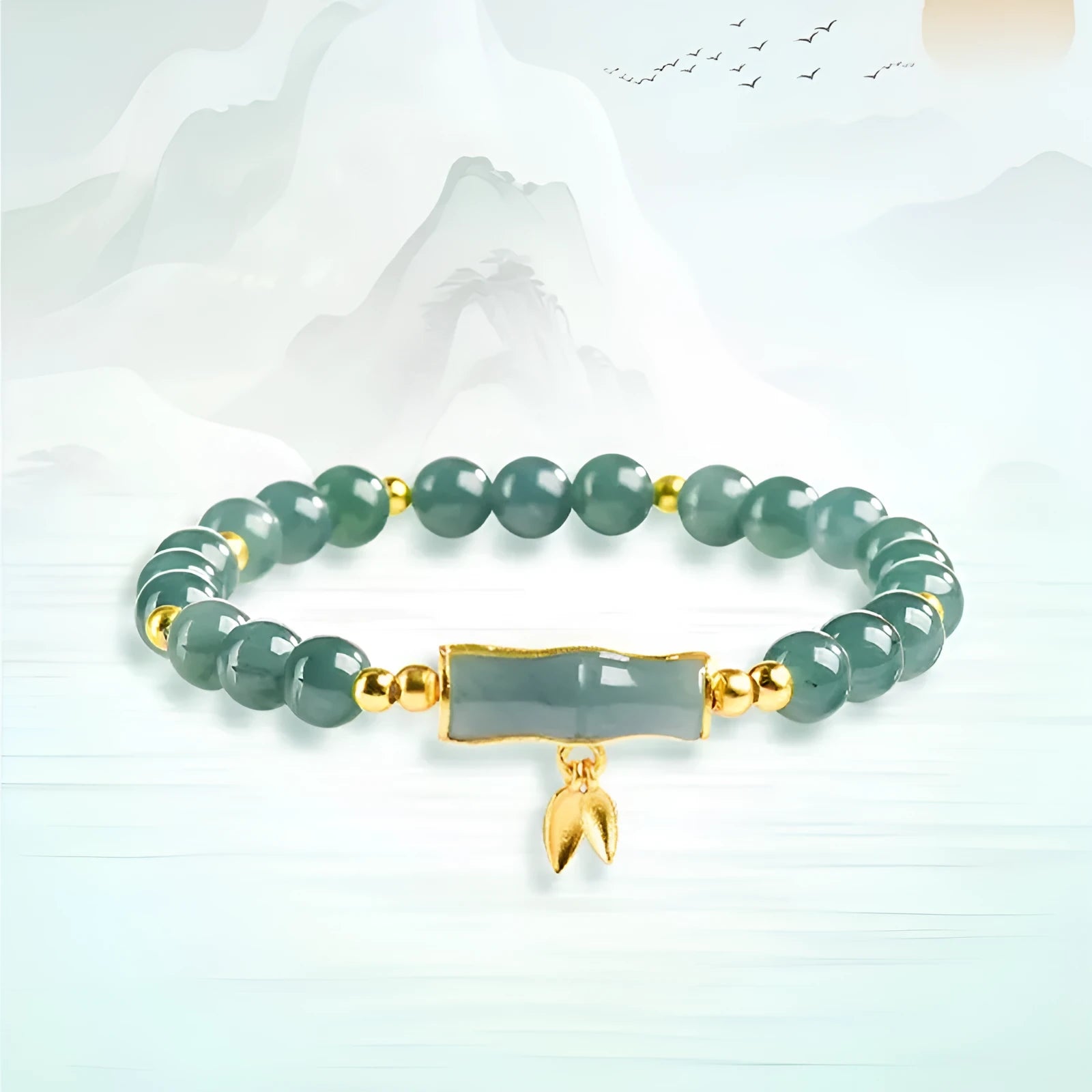 Women's silver bracelet with blue jade beads on a white background.