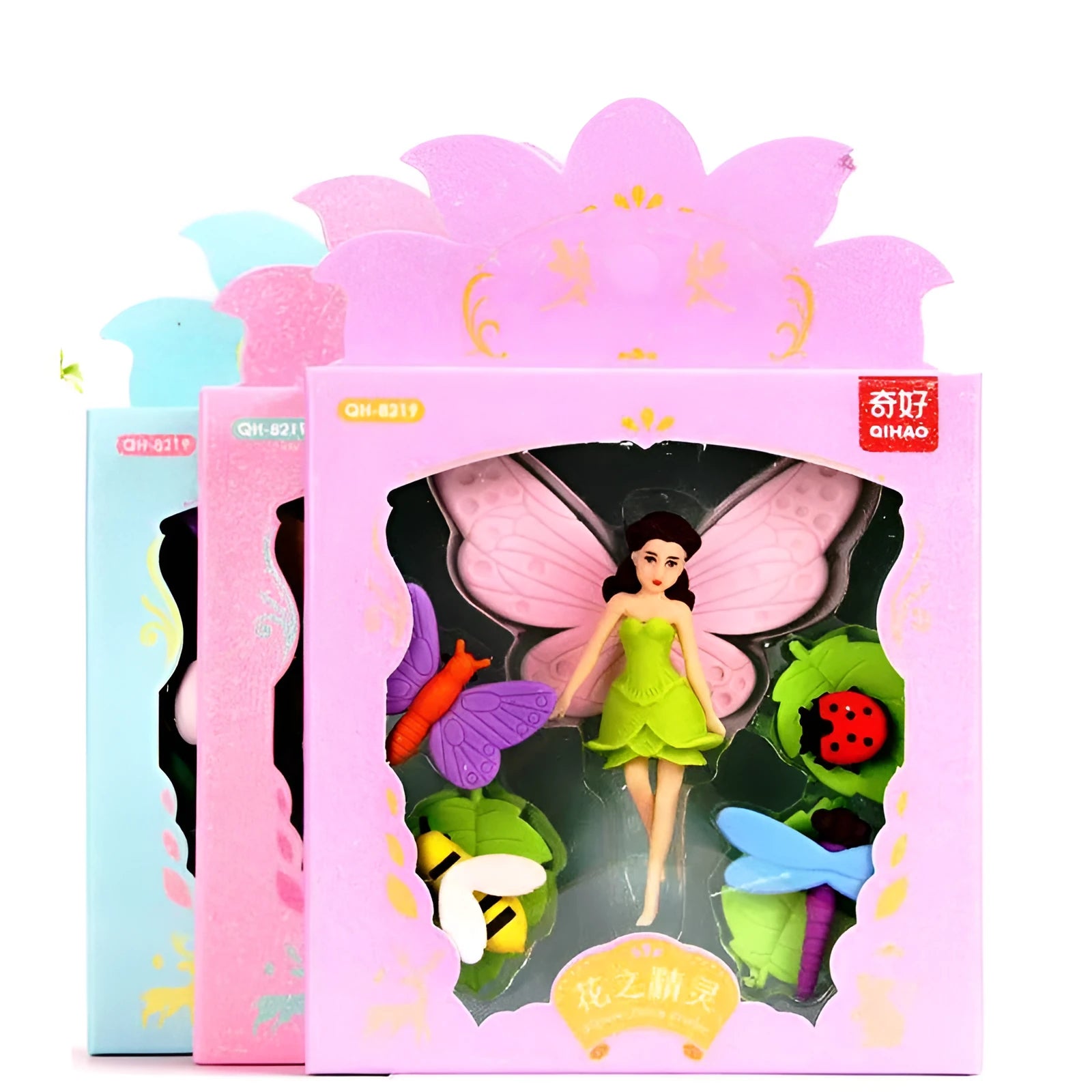 Flower Fairy eraser set with 12 TPR erasers in Flower Fairy and Mermaid designs measuring 14x13cm