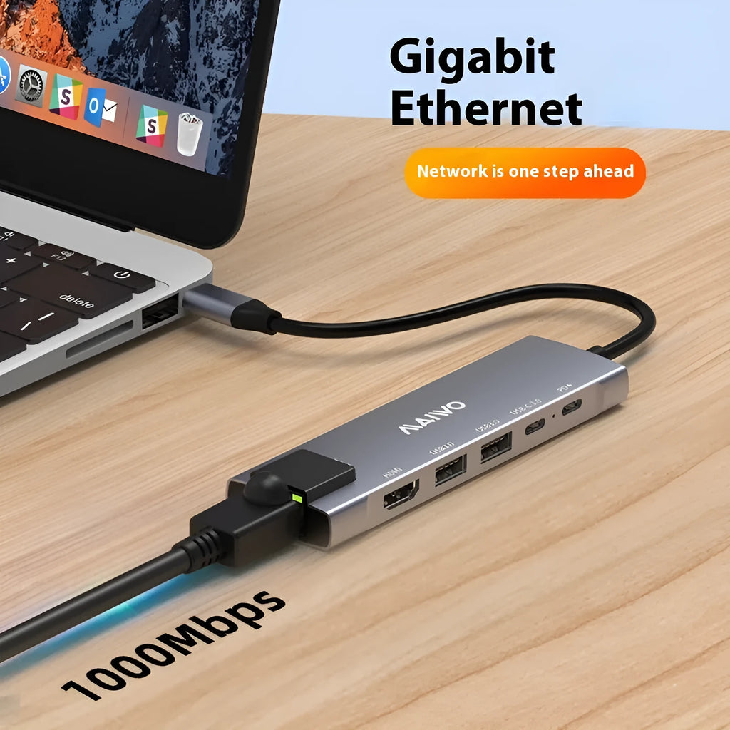 Steam Deck six-in-one aluminium docking station with ports for HDMI, Ethernet, and USB.