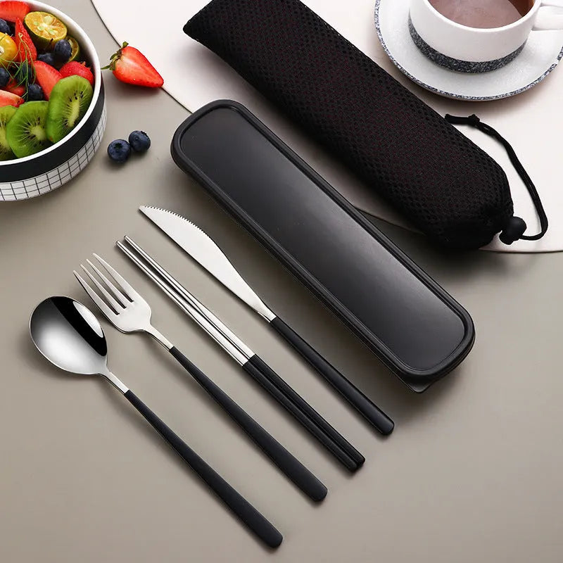 304 stainless steel portable cutlery set with gold knife fork spoon and mesh bag