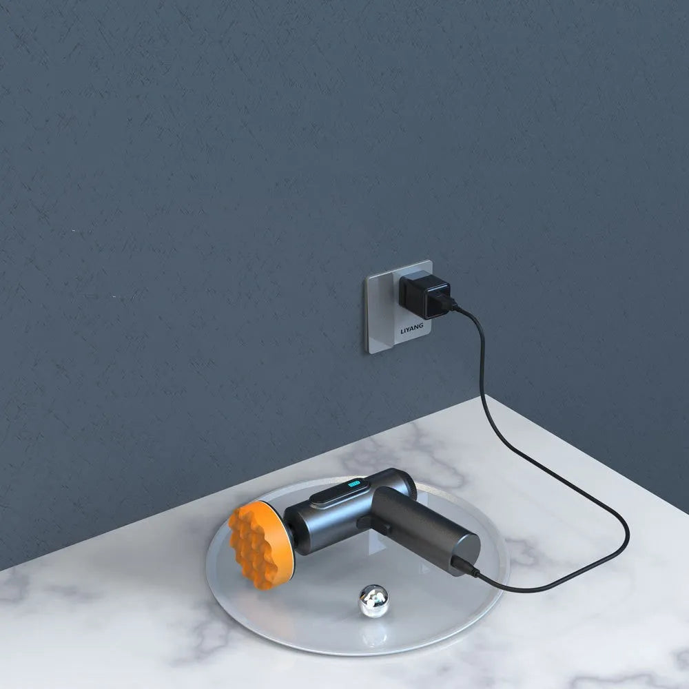 Cordless electric waxing and polishing machine with white ABS plastic body and a grey polishing disc.