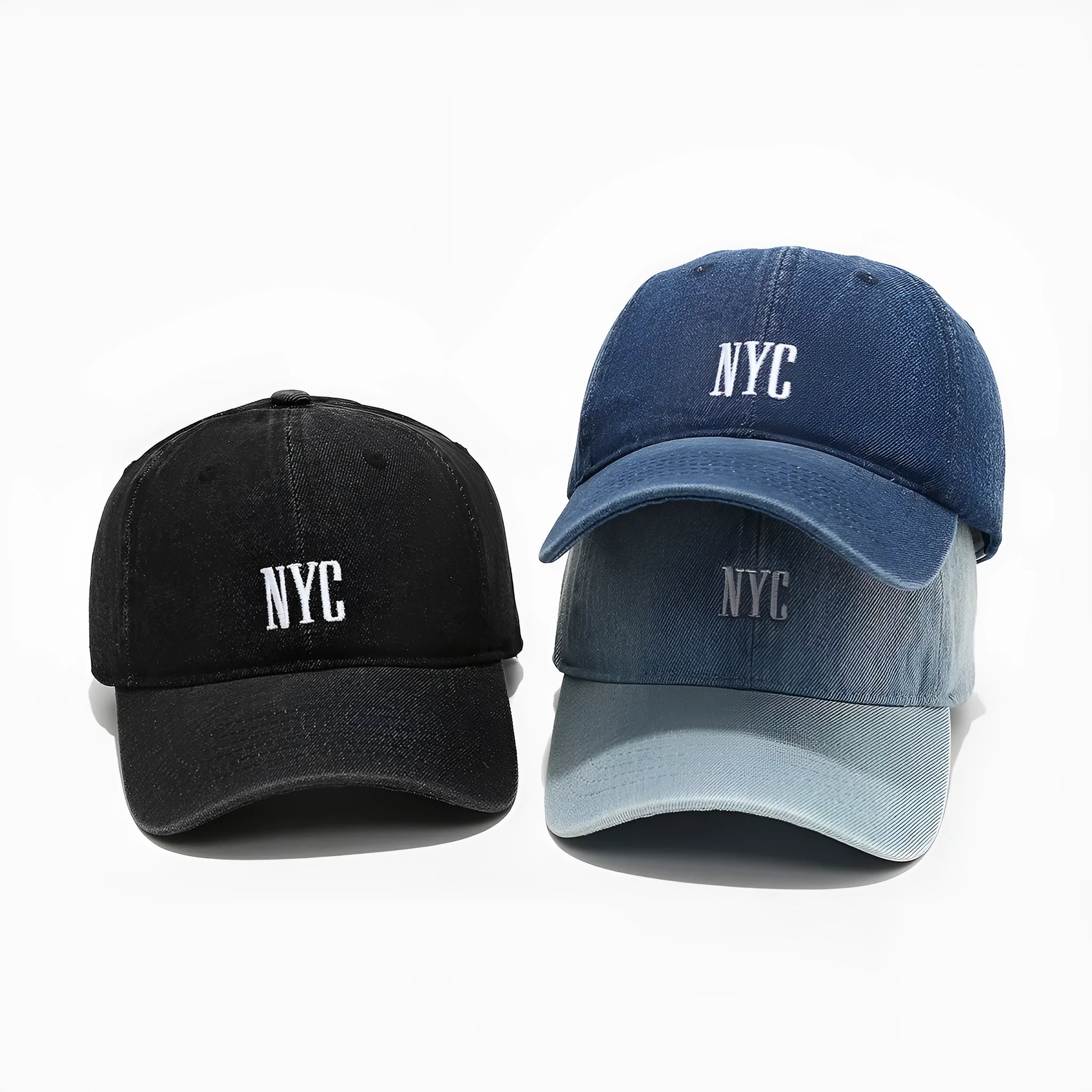 Adjustable denim peaked cap with embroidered lettering in light blue, dark blue, or black
