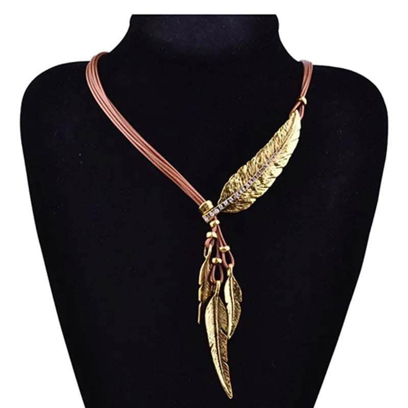 Black leather rope multilayer feather leaf tassel pendant necklace in ancient silver and black on horse whip chain