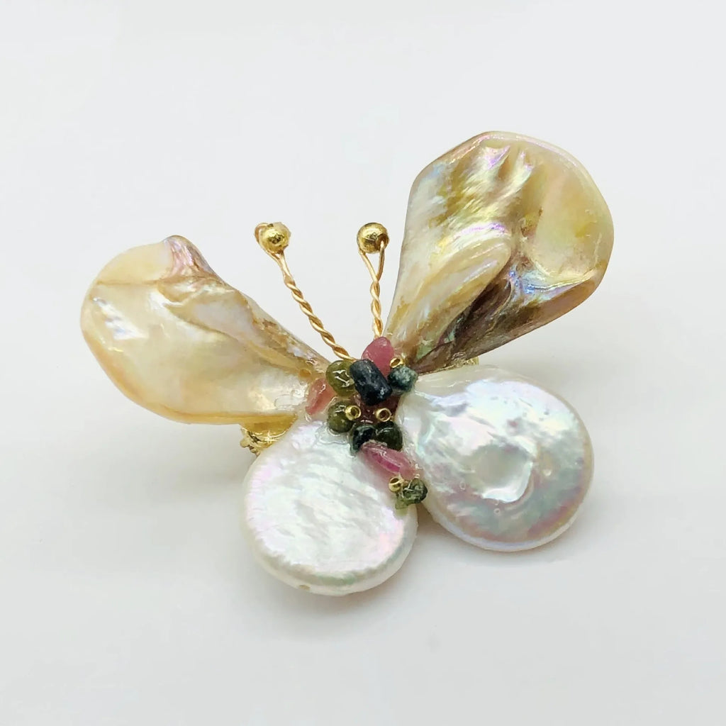 Handwoven epoxy shell butterfly brooch in light brown, handmade, original design, for women