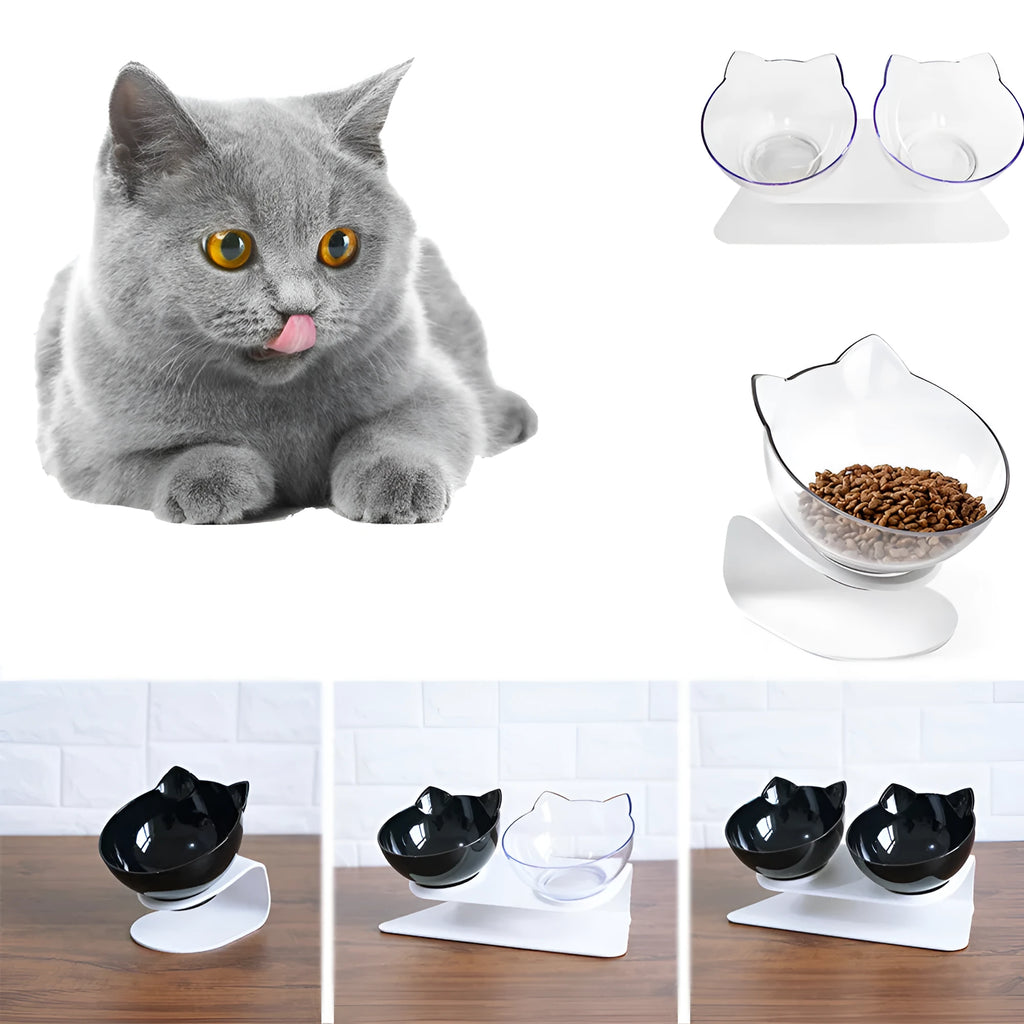 Transparent cat head double bowl feeder with 15° tilted design and anti-skid base for cats and dogs