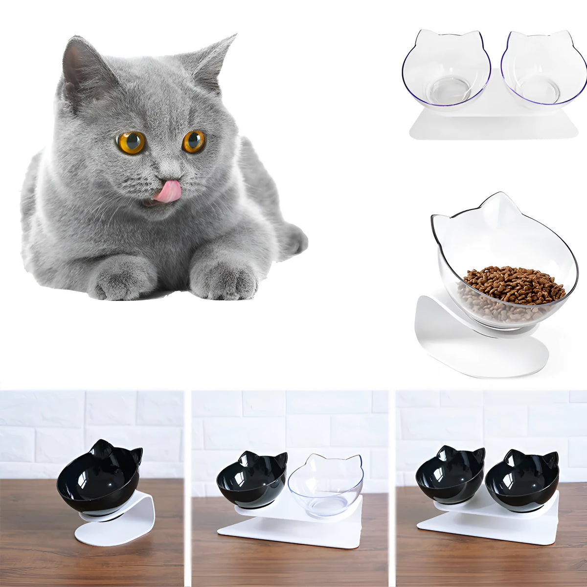 Transparent cat head double bowl feeder with 15° tilted design and anti-skid base for cats and dogs