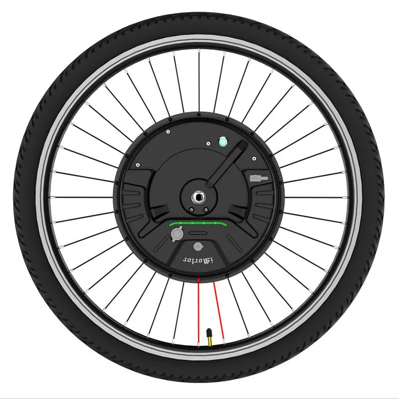 Yunzhilun electric bicycle conversion kit for 26-inch bikes showing iMotor 3.0 wheel, lithium battery, and charger.