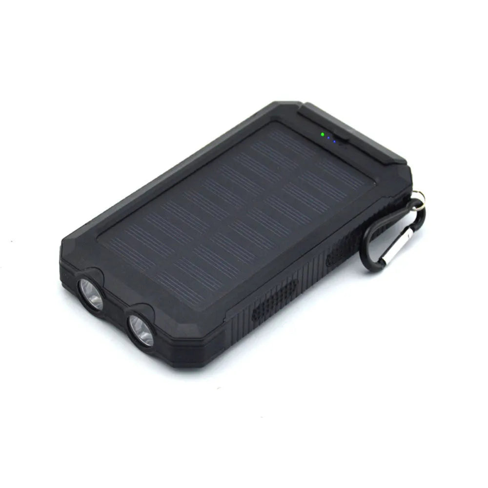 Black solar power bank with LED flashlight showing dimensions and charging ports
