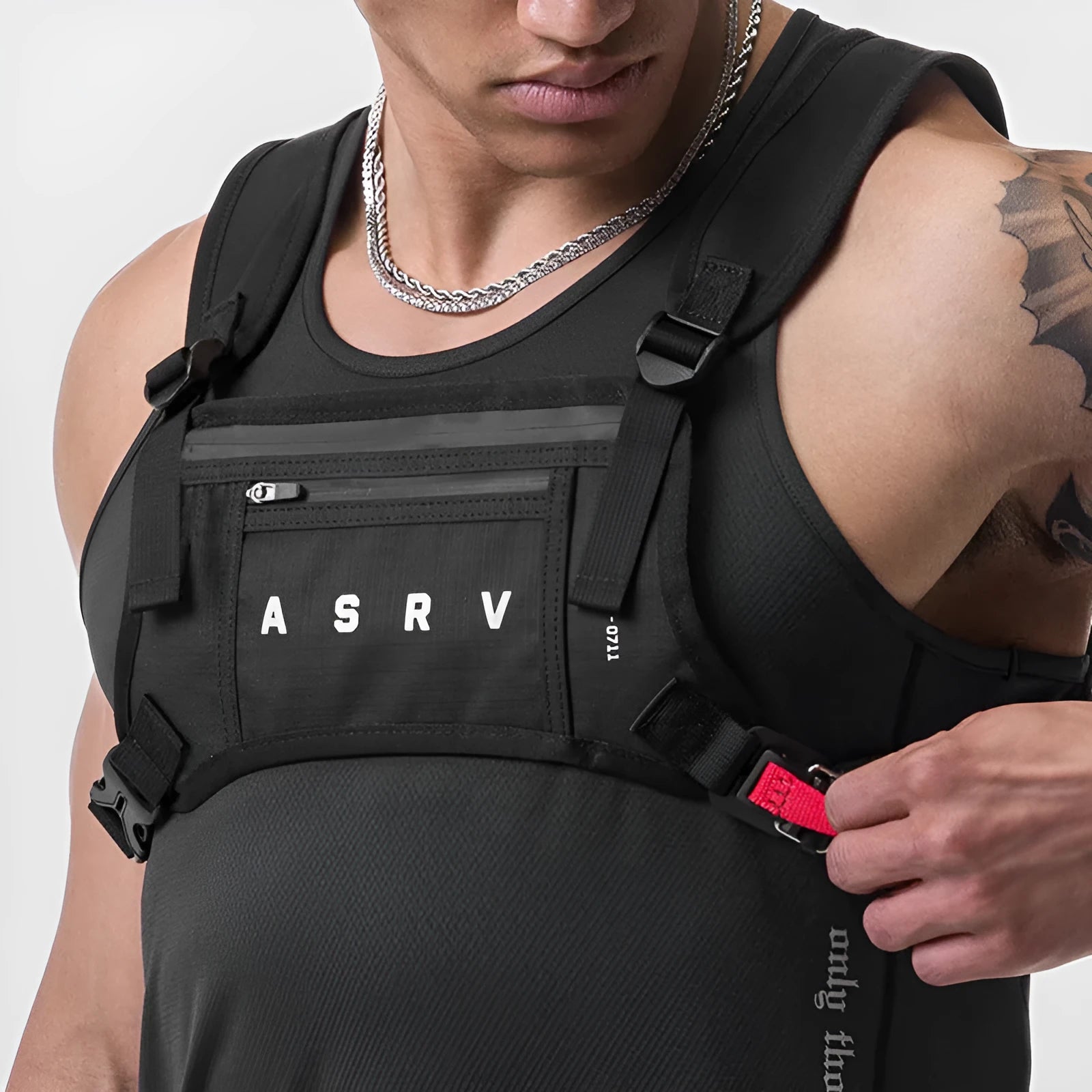 Men's dark grey outdoor sports bag with multiple pockets and curved shoulder straps
