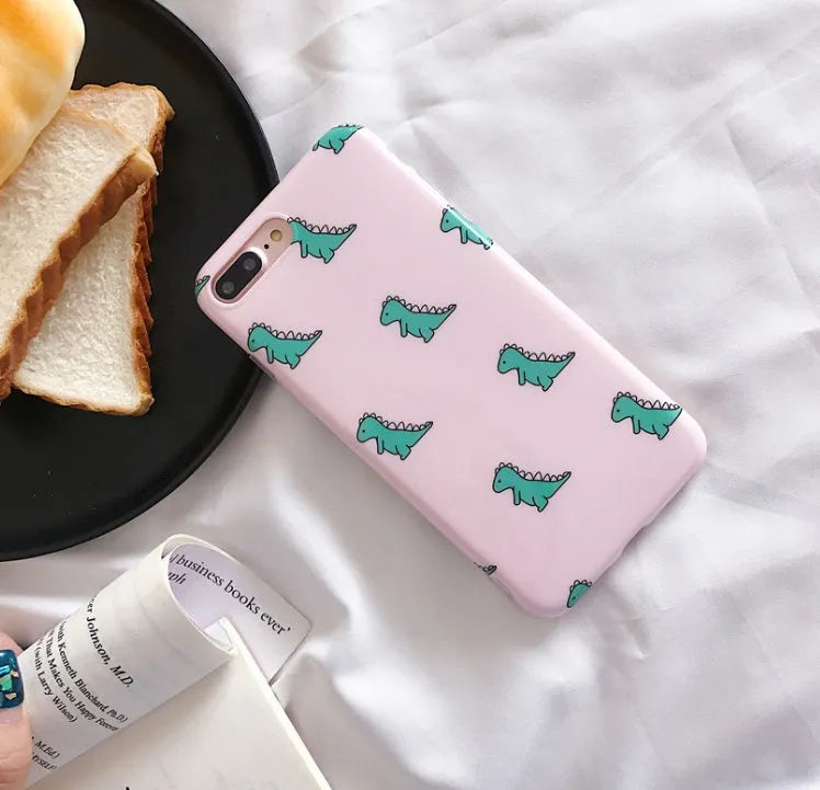 Pink dinosaur iPhone case with bracket, TPU glossy IMD back cover for iPhone 6 7 8 X XS XR