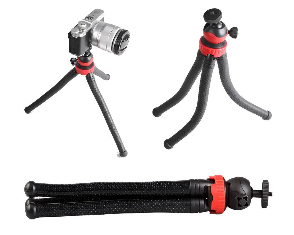 Black flexible octopus leg tripod with spherical gimbal head extended to 30cm.