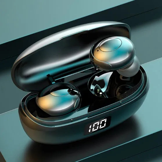 Black and white wireless in-ear Bluetooth headphones with a compact charging case.
