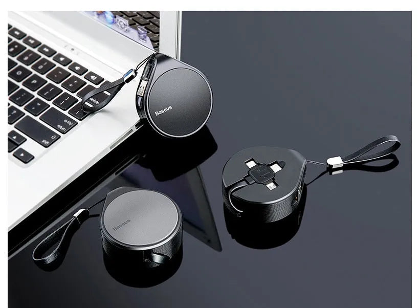 Black telescopic three-in-one fast charging data cable extended to 1 metre with split connector