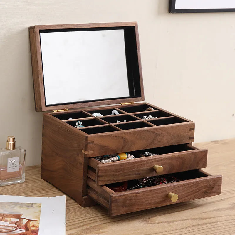 Black walnut cosmetic storage cabinet with pull-out double-layer, paulownia wood, brass, and tempered glass, 24x17x17cm