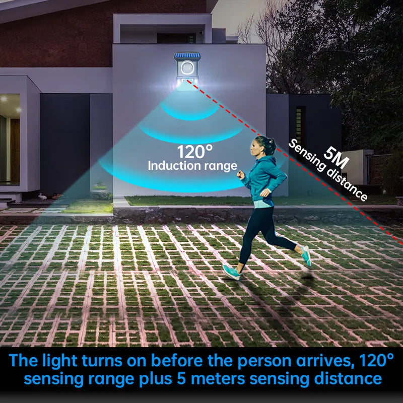 Outdoor solar wall light with 59 LEDs, black ABS+PC housing, IP65 waterproof, motion sensor with remote control