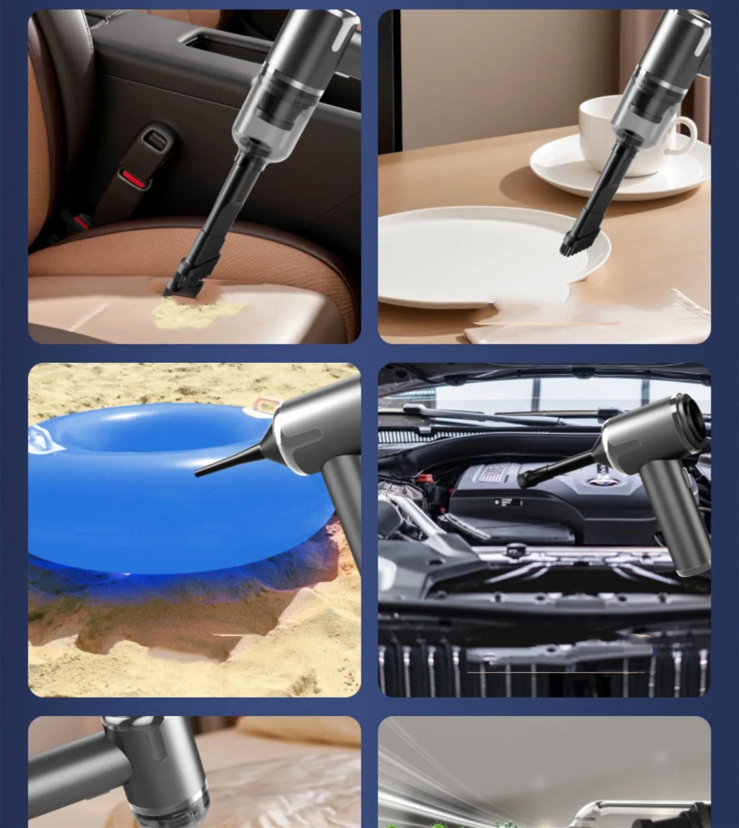 XY-2317 handheld cordless car vacuum cleaner with attachments including brush and blowing nozzle.