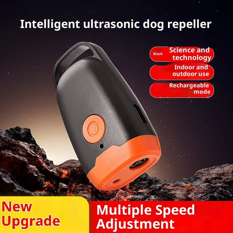 Mini ultrasonic dog dispeller in black and orange ABS casing measuring 3x2x6cm