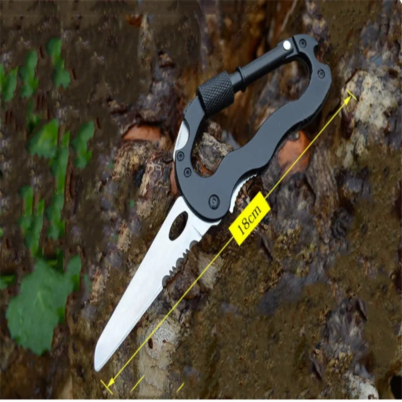 Black multifunctional carabiner folding tool with 420J2 blade, saw and screwdrivers on dark background