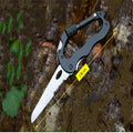 Black multifunctional carabiner folding tool with 420J2 blade, saw and screwdrivers on dark background
