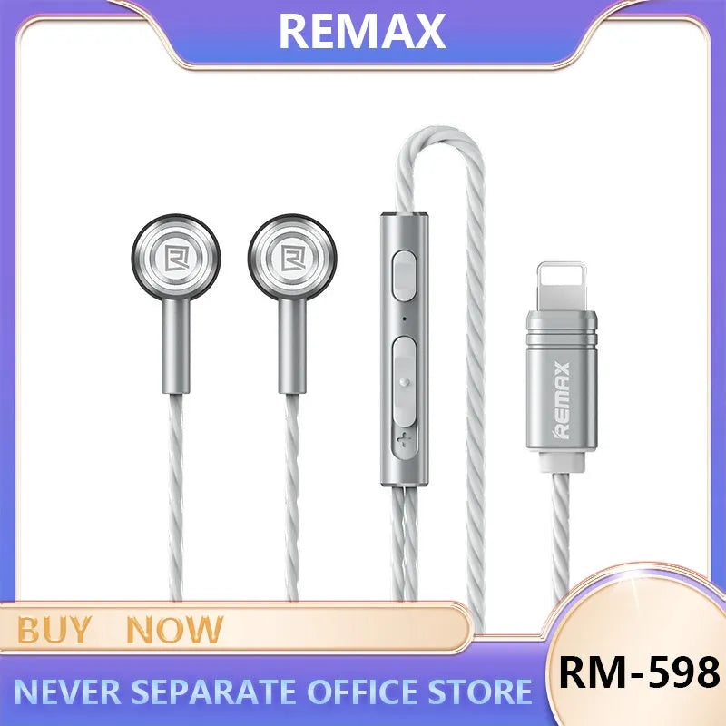 RM711 metal wired e-sports earphones with round hole design in black, green, and silvery, compatible with Type-C and Lightning connectors.