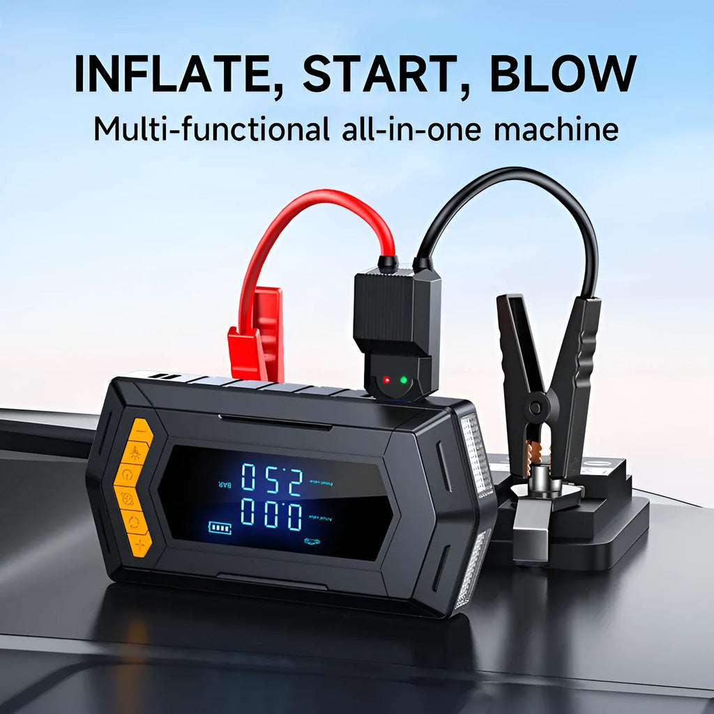 Car emergency starter power bank with air compressor, smart battery clips, and Eva storage bag