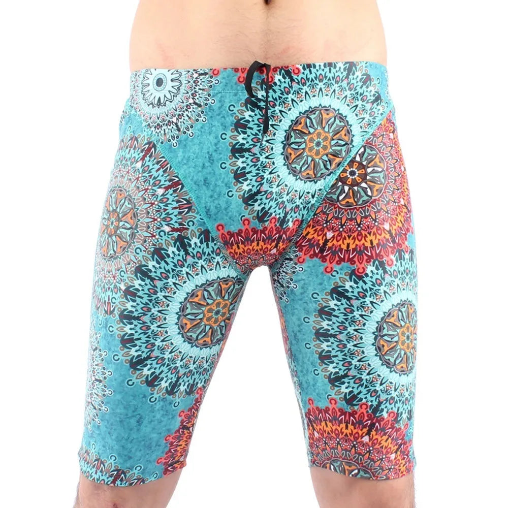 Men's green and navy blue quick-drying nylon swimming trunks with loose anti-embarrassment design