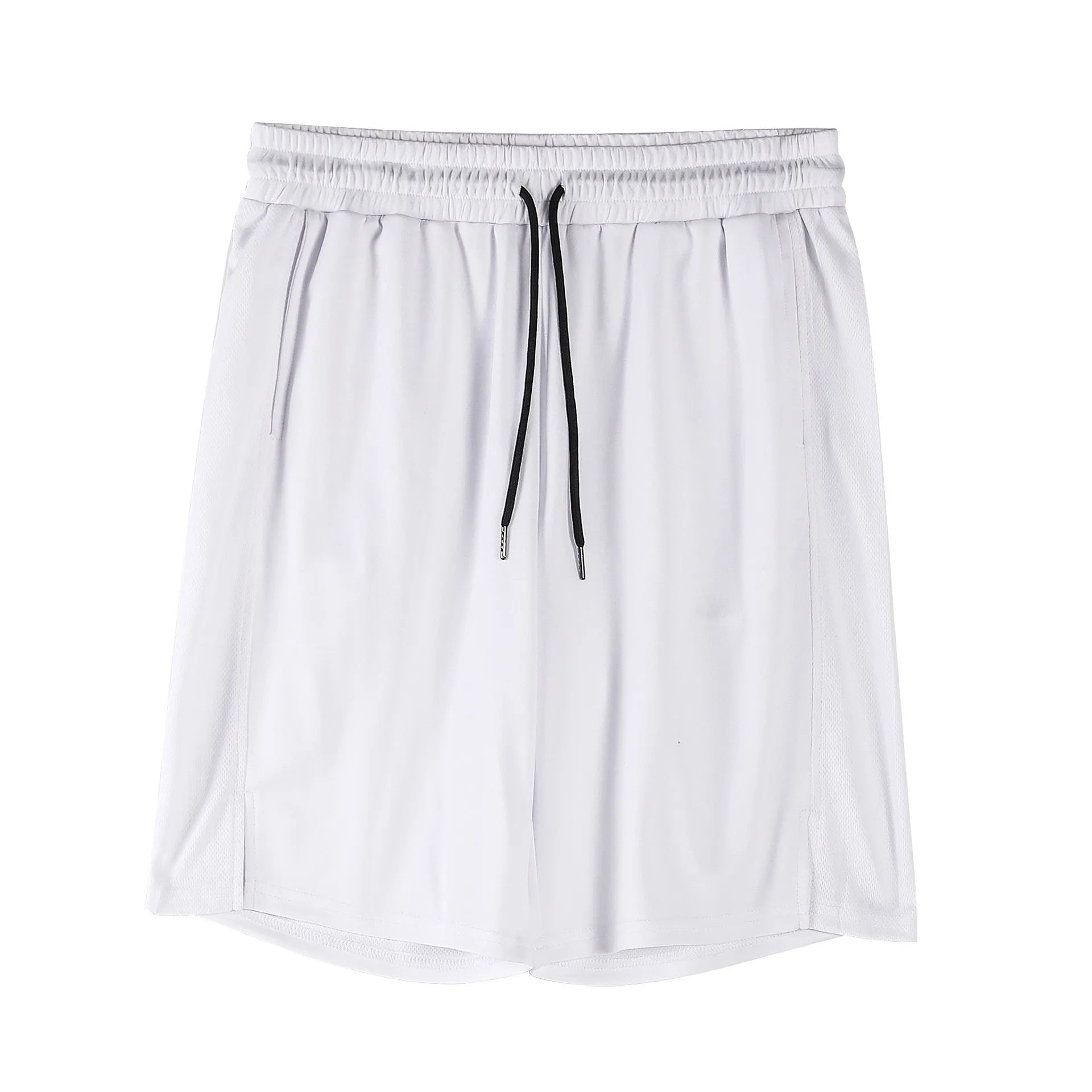 Men's black quick-dry mesh shorts with elastic waistband on a neutral background.