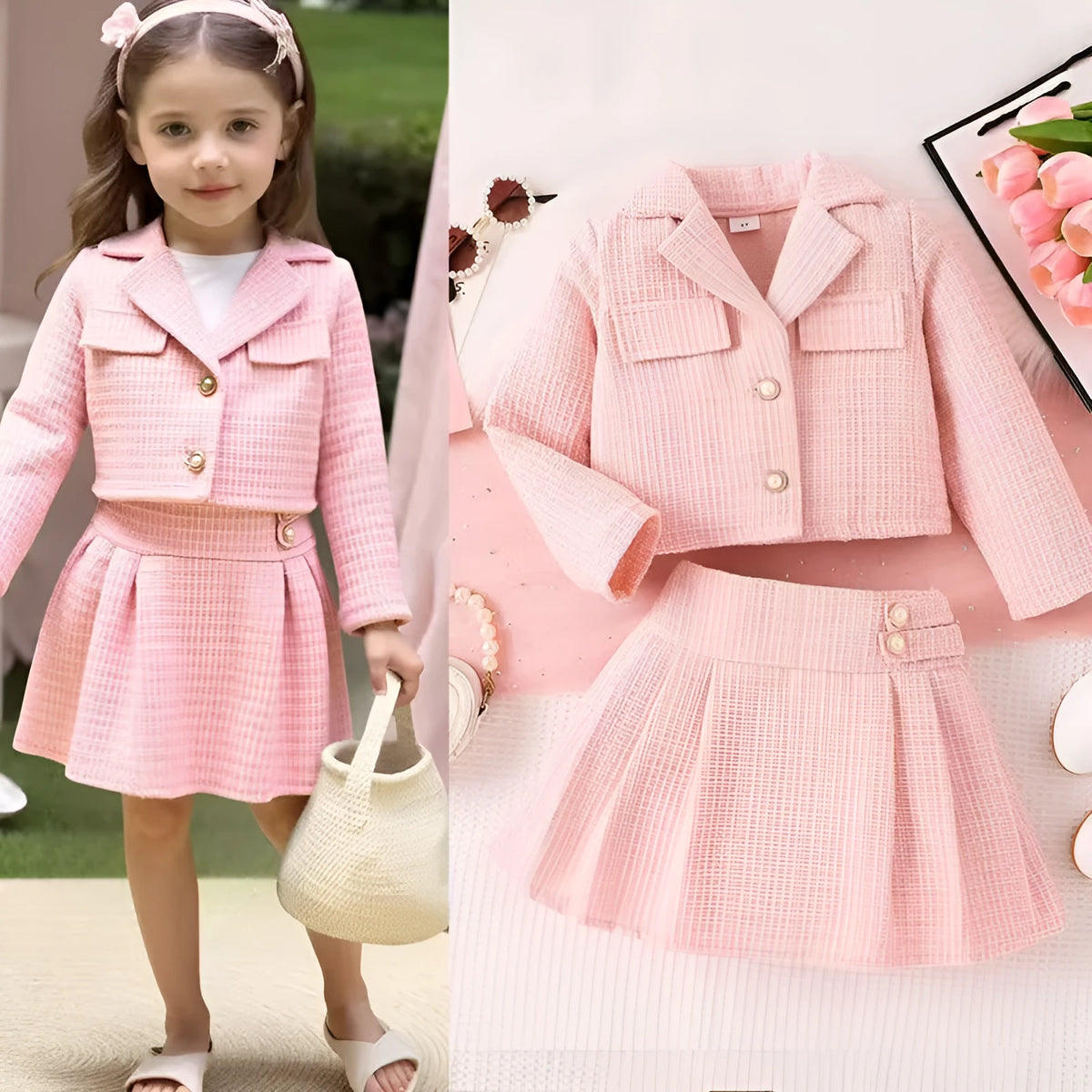 Girls' pink cotton long-sleeved coat and mid-waist skirt two-piece set, sizes 4Y-7Y